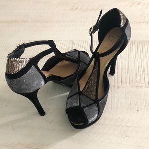 Gold/silver and black platform heels